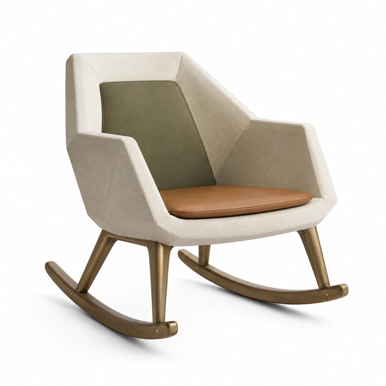 Sillón mecedor de madera con cojín de piel sintética marrón y respaldo tapizado verde