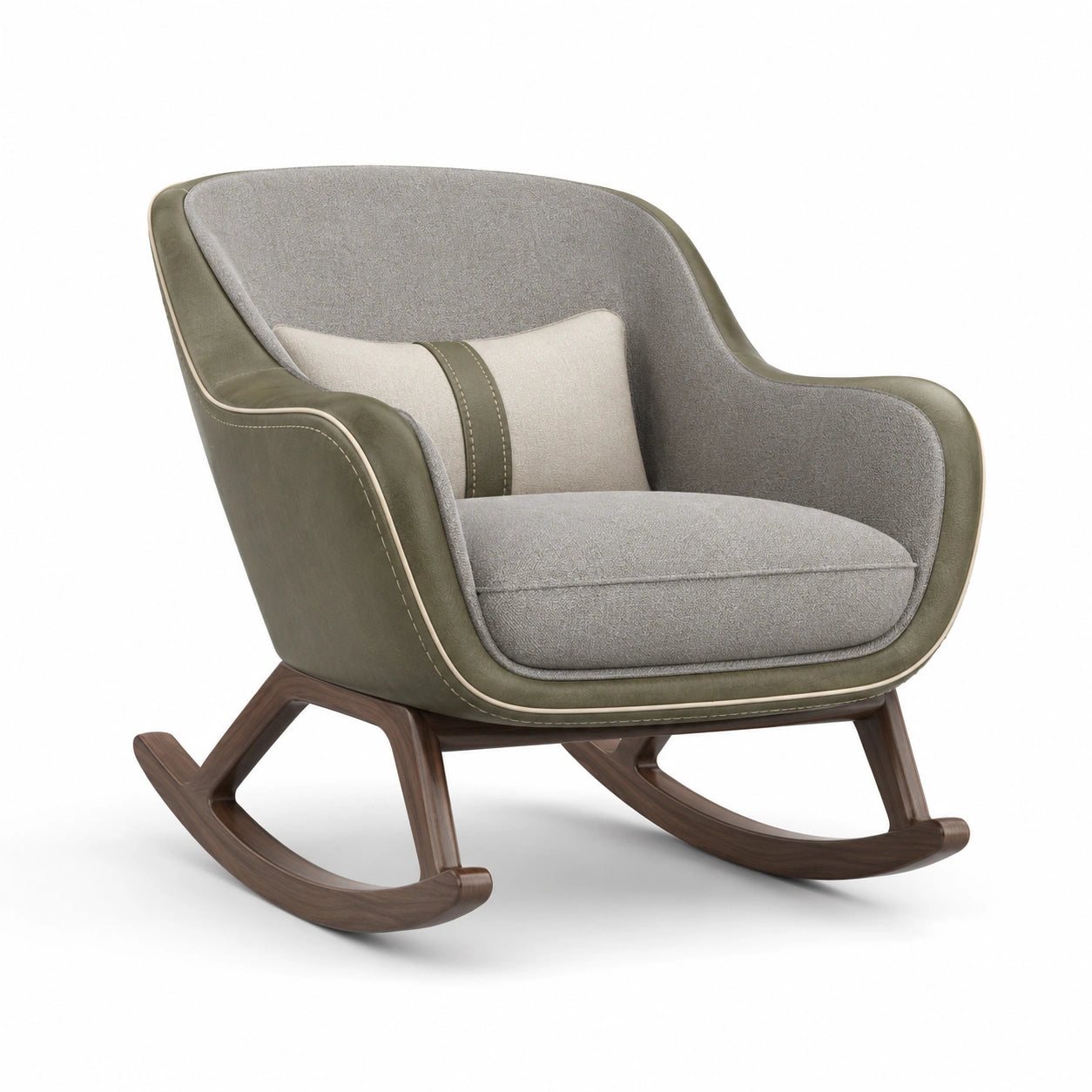 Mecedora de Tela y Cuero Sintético Gris y Verde con Base de Madera