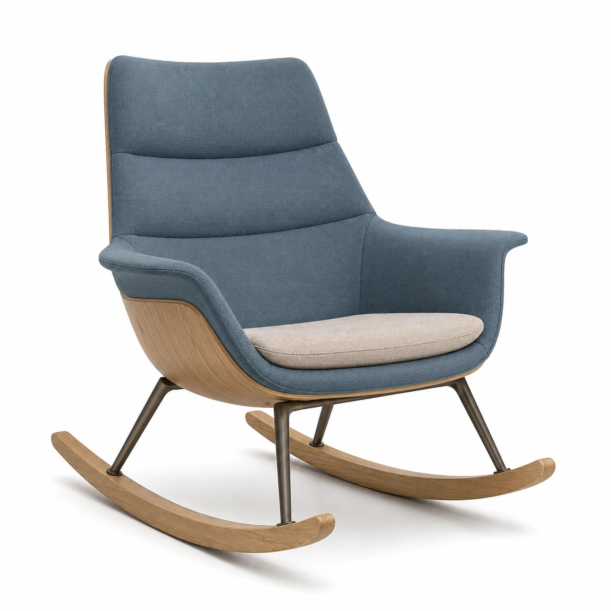Sillón mecedora de tela azul con base de madera y metal