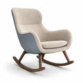 Sillón mecedora de tela beige y azul con base de madera