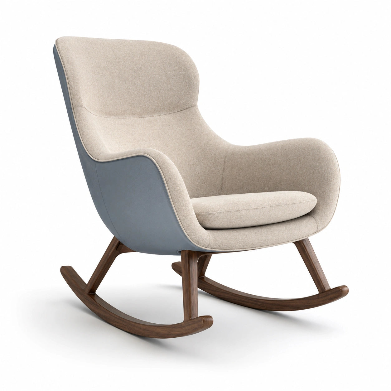 Sillón mecedora de tela beige y azul con base de madera