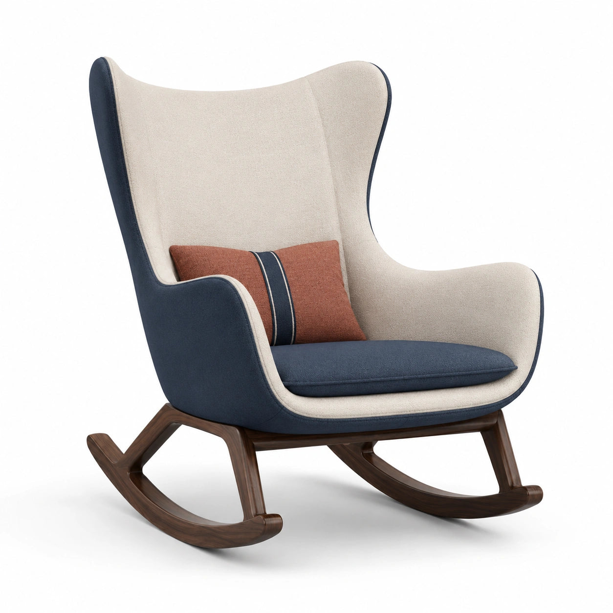 Sillón Mecedora de Madera y Tela Beige y Azul