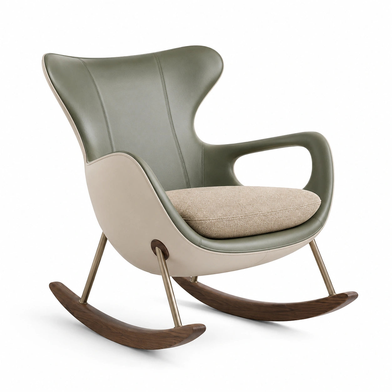 Sillón mecedora de cuero sintético verde y beige con cojín textil