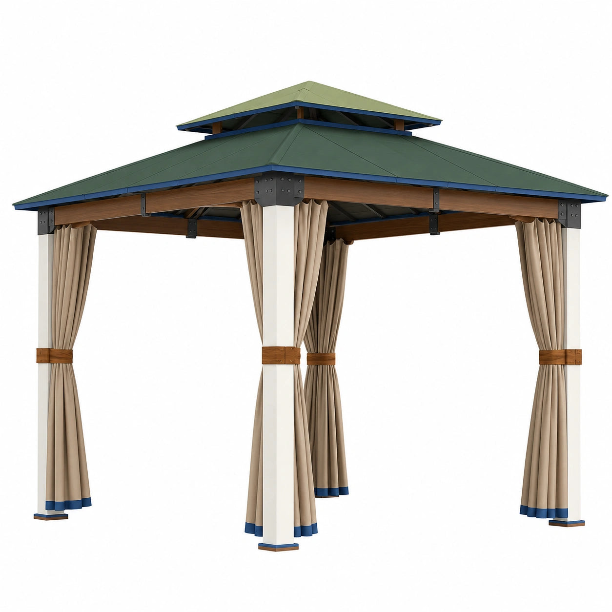 Gazebo de Jardín con Techo de Acero Verde y Cortinas