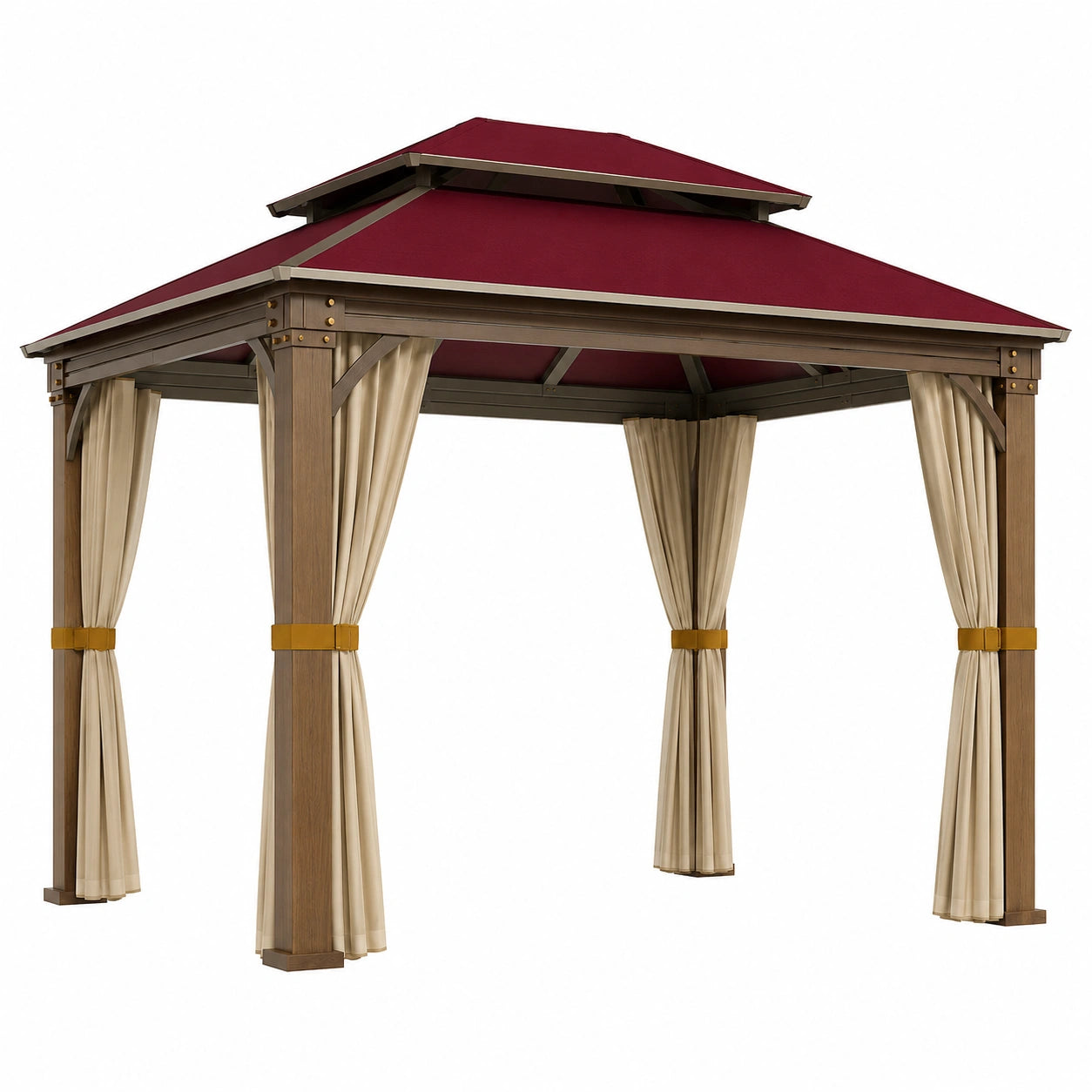 Pérgola de Madera y Acero con Techo y Cortinas de Poliéster Burdeos/Beige