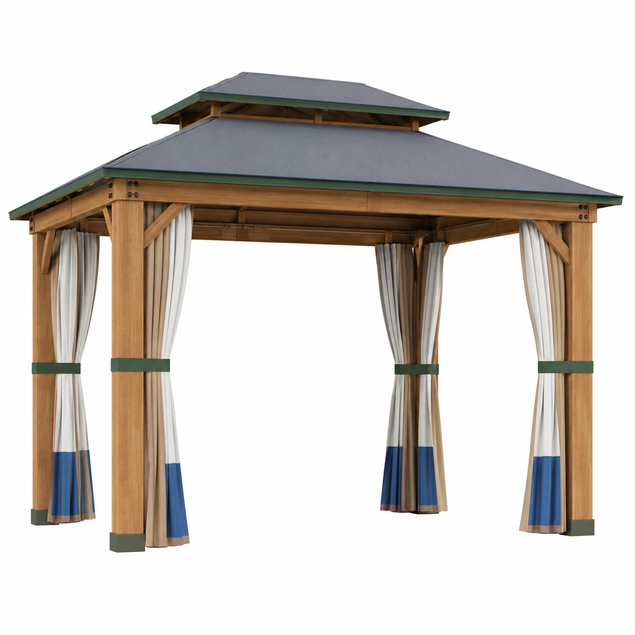 Pérgola de Madera con Techo de Poliéster y Cortinas