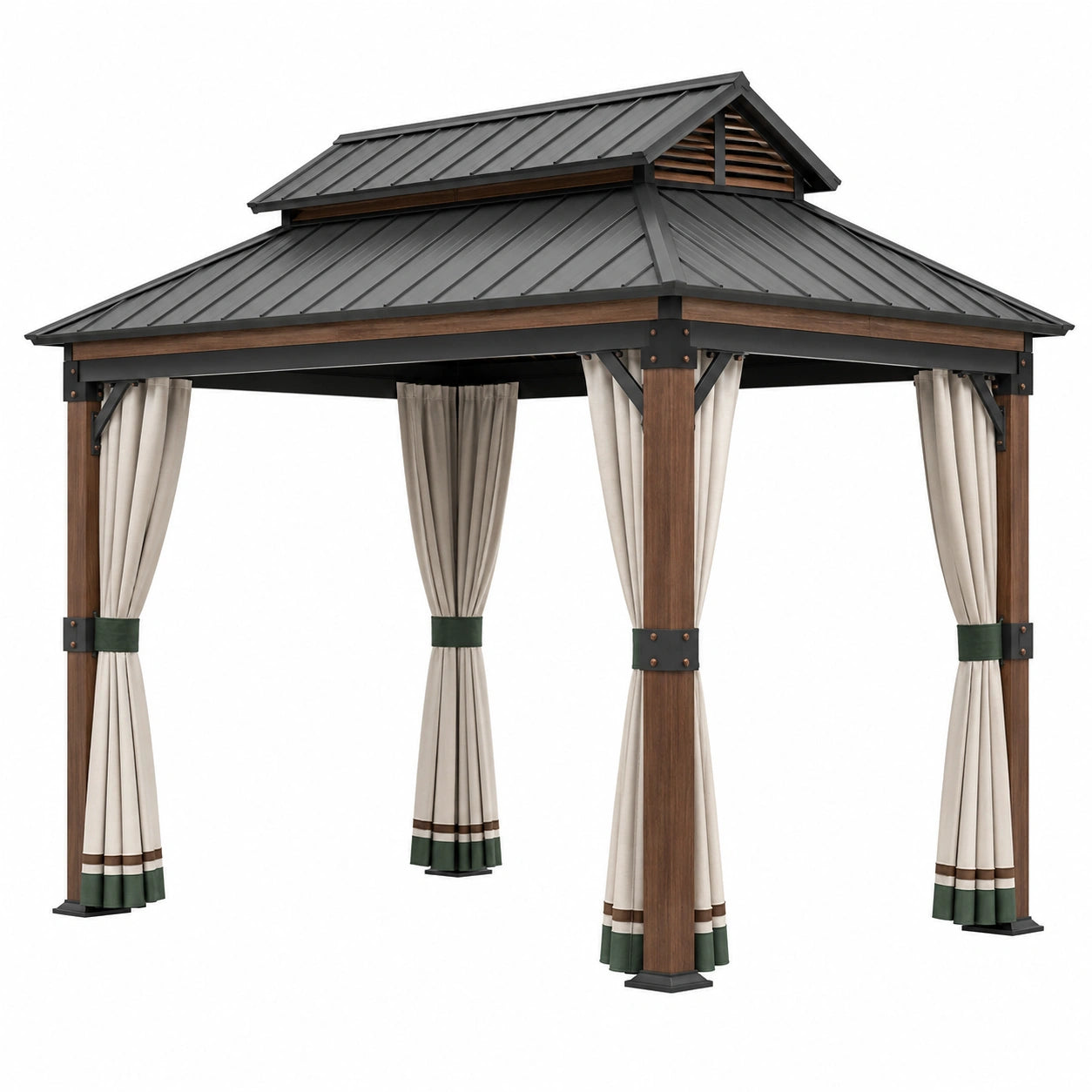 Pérgola de Aluminio y Madera con Cortinas de Poliéster Beige 300x400 cm