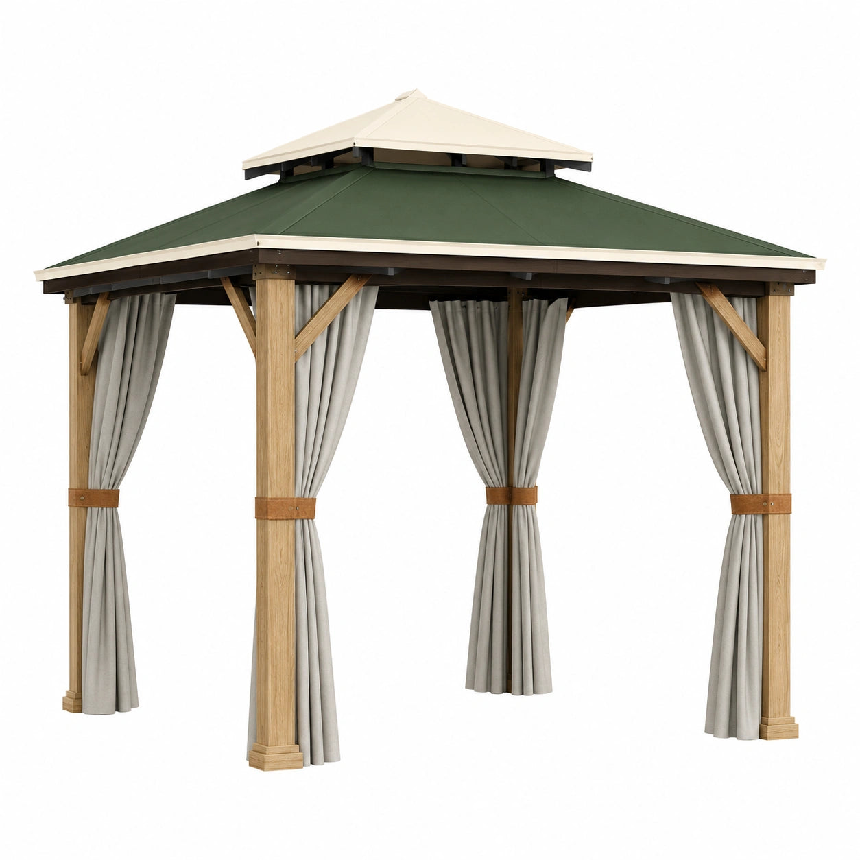 Pabellón de Jardín con Techo Verde y Cortinas Beige 300x300x280 cm Madera