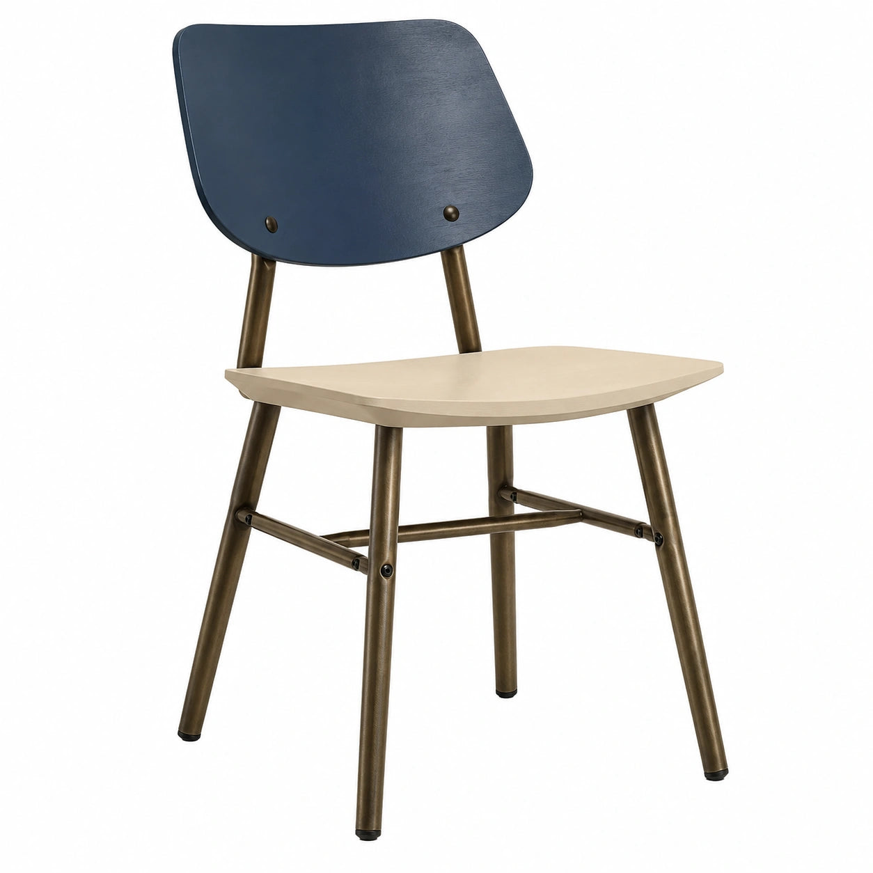 Silla de metal azul y beige con respaldo y asiento de madera contrachapada