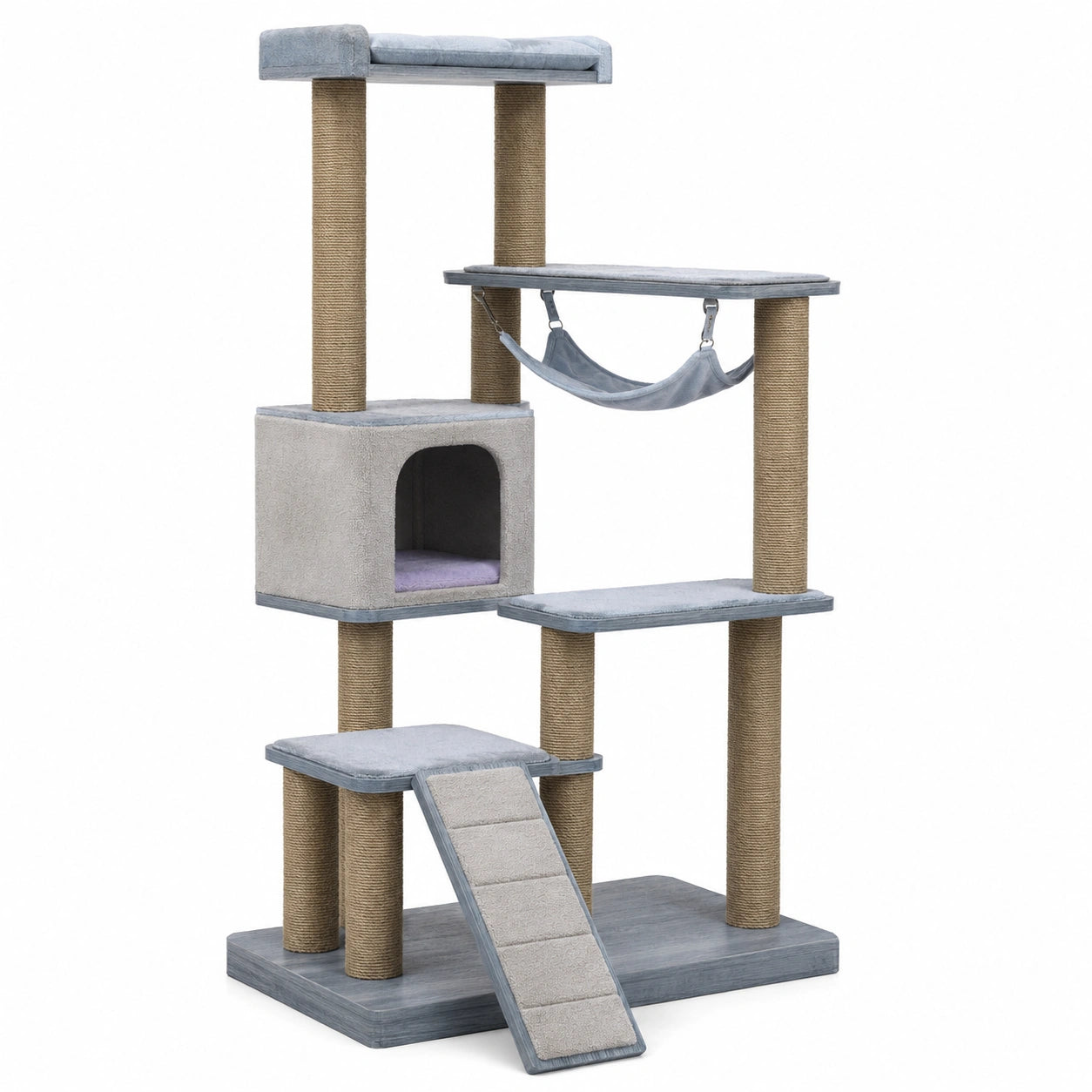 Árbol para gatos con rascadores de sisal y cueva de madera y felpa gris 144 cm