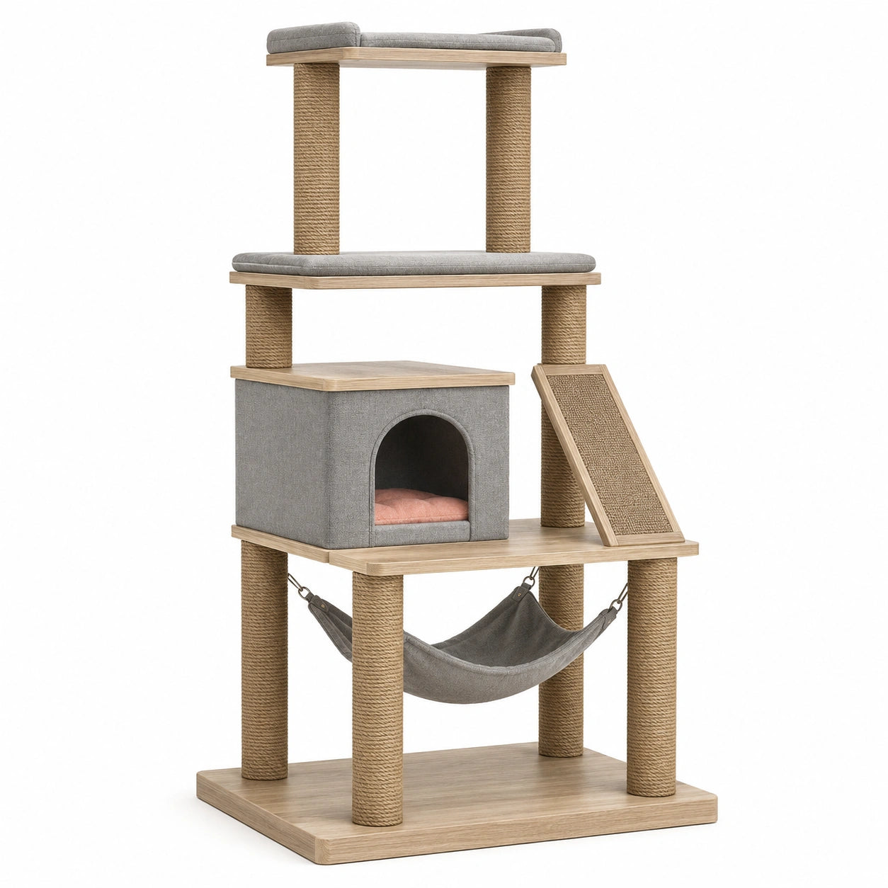 Árbol para gatos de madera con postes de sisal y cojines grises