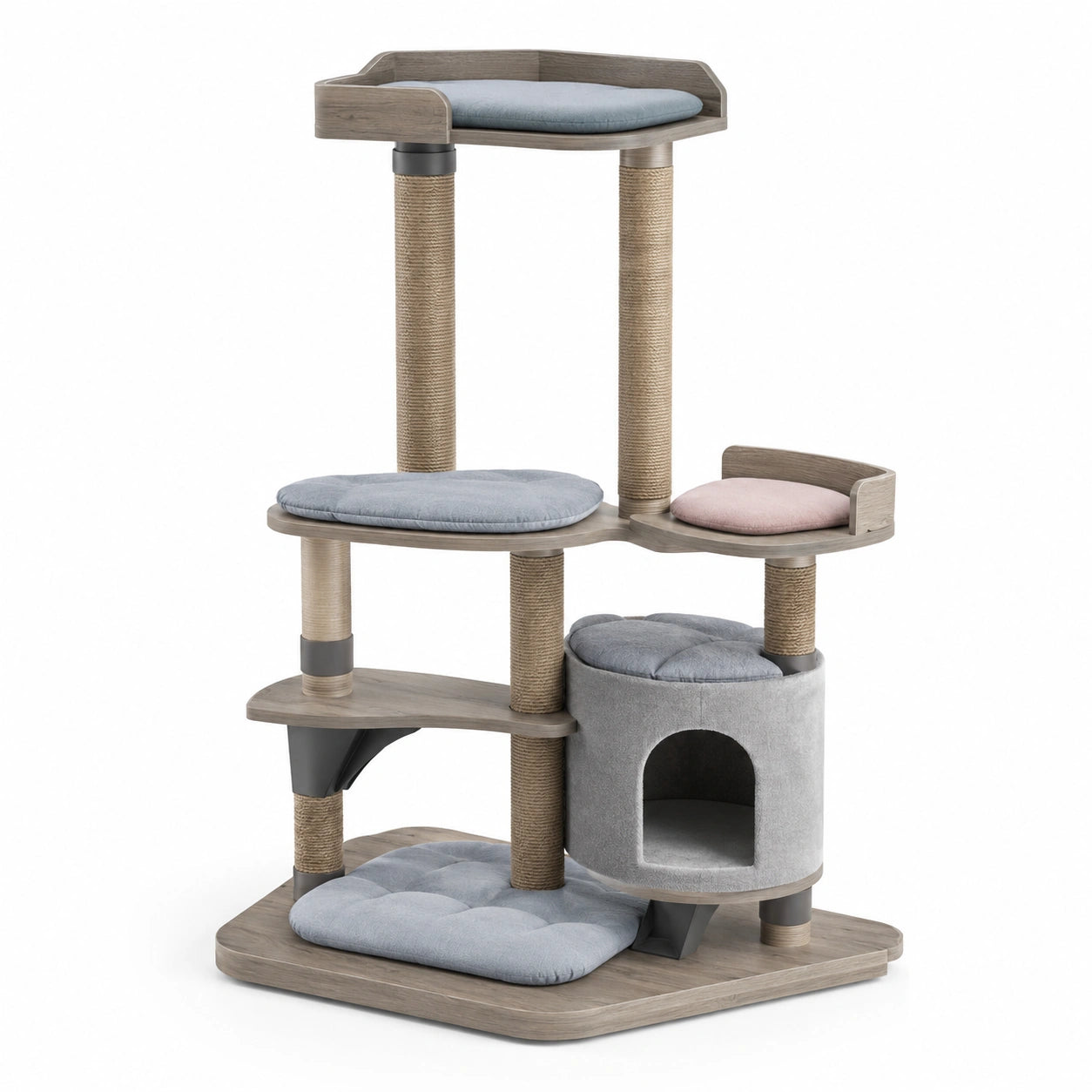 Árbol rascador de madera con plataformas y cueva, altura 120 cm