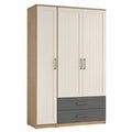 Armario de Madera con 3 Puertas y 2 Cajones, Color Beige/Gris, 200 cm de Alto