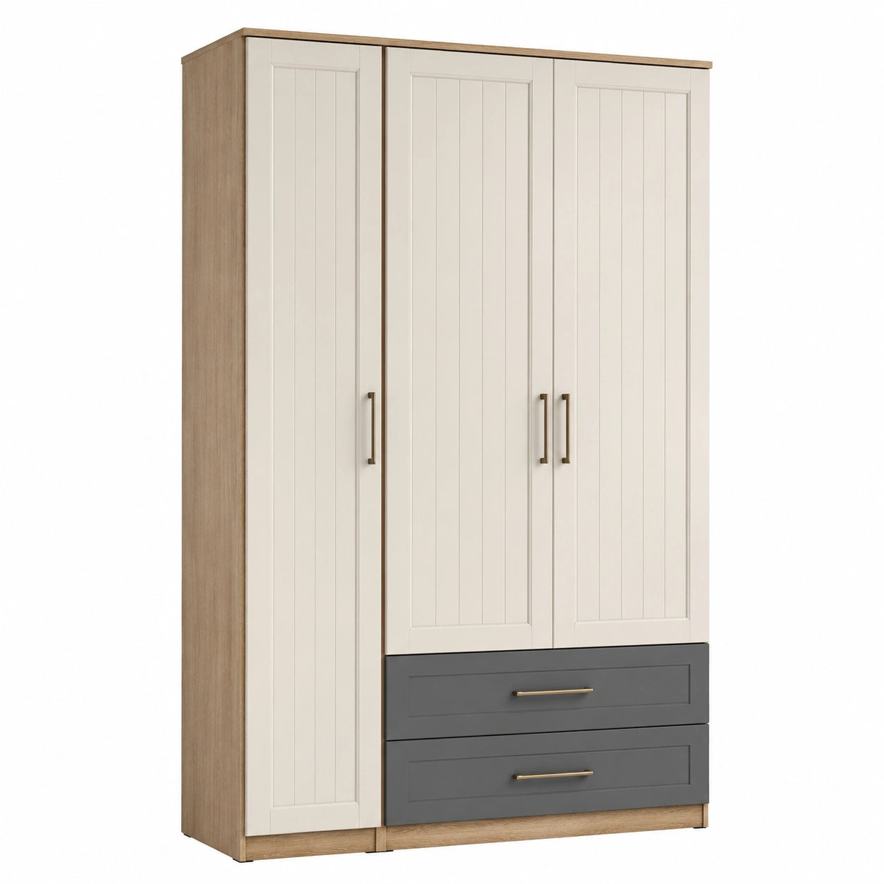 Armario de Madera con 3 Puertas y 2 Cajones, Color Beige/Gris, 200 cm de Alto