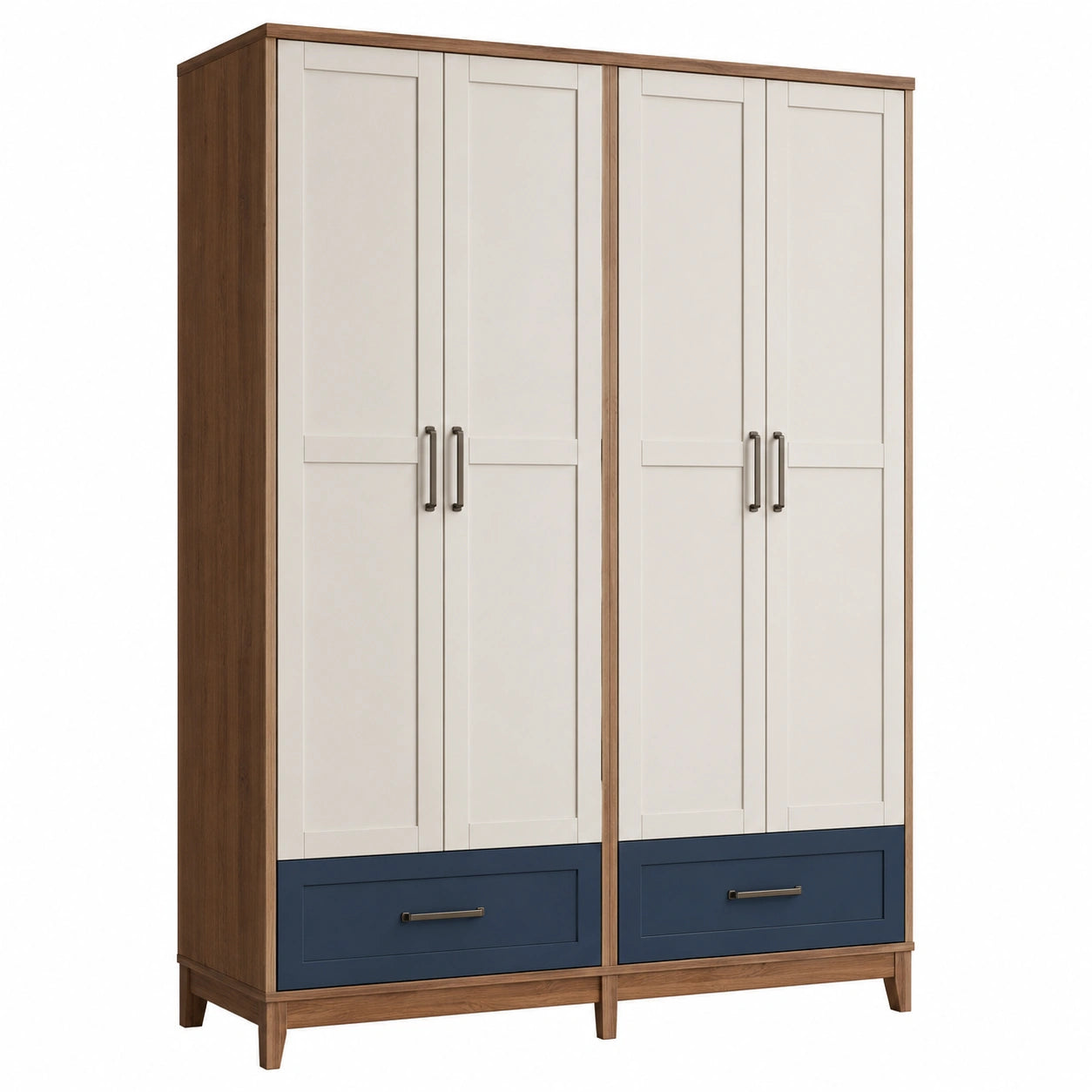 Armario de 4 puertas con cajones de madera y MDF en blanco y azul