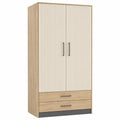 Armario de madera y melamina de 2 puertas y 2 cajones 180x80x50 cm Crema/Roble