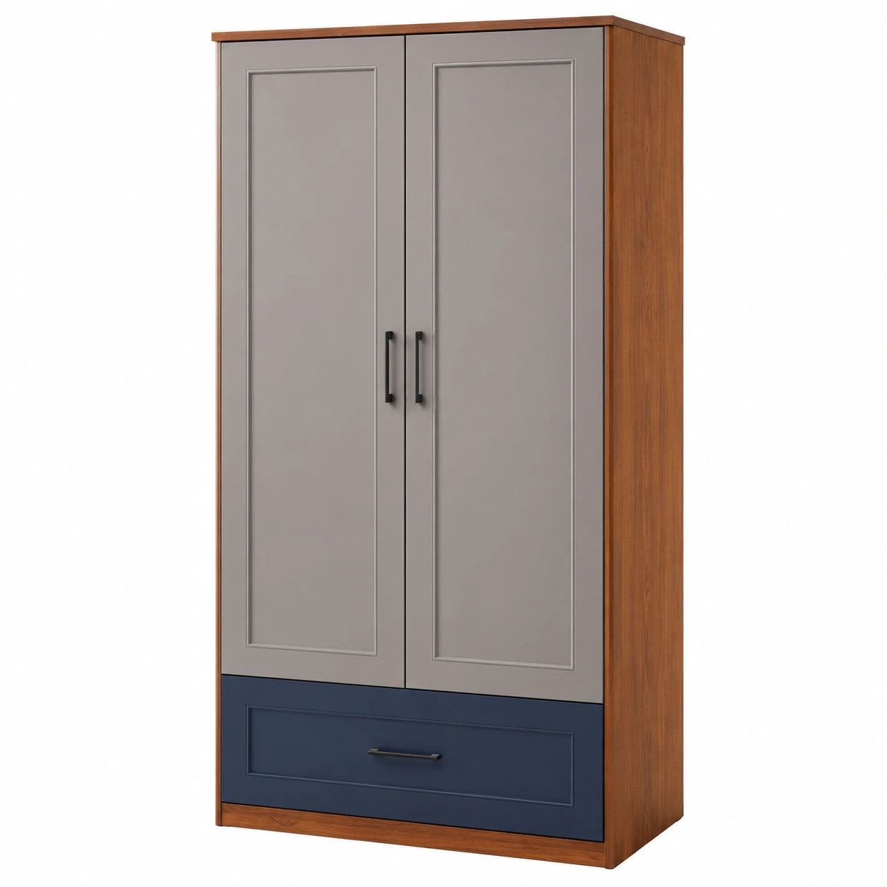 Armario de Madera con Puertas de MDF Gris y Cajón Azul 180cm x 90cm x 50cm