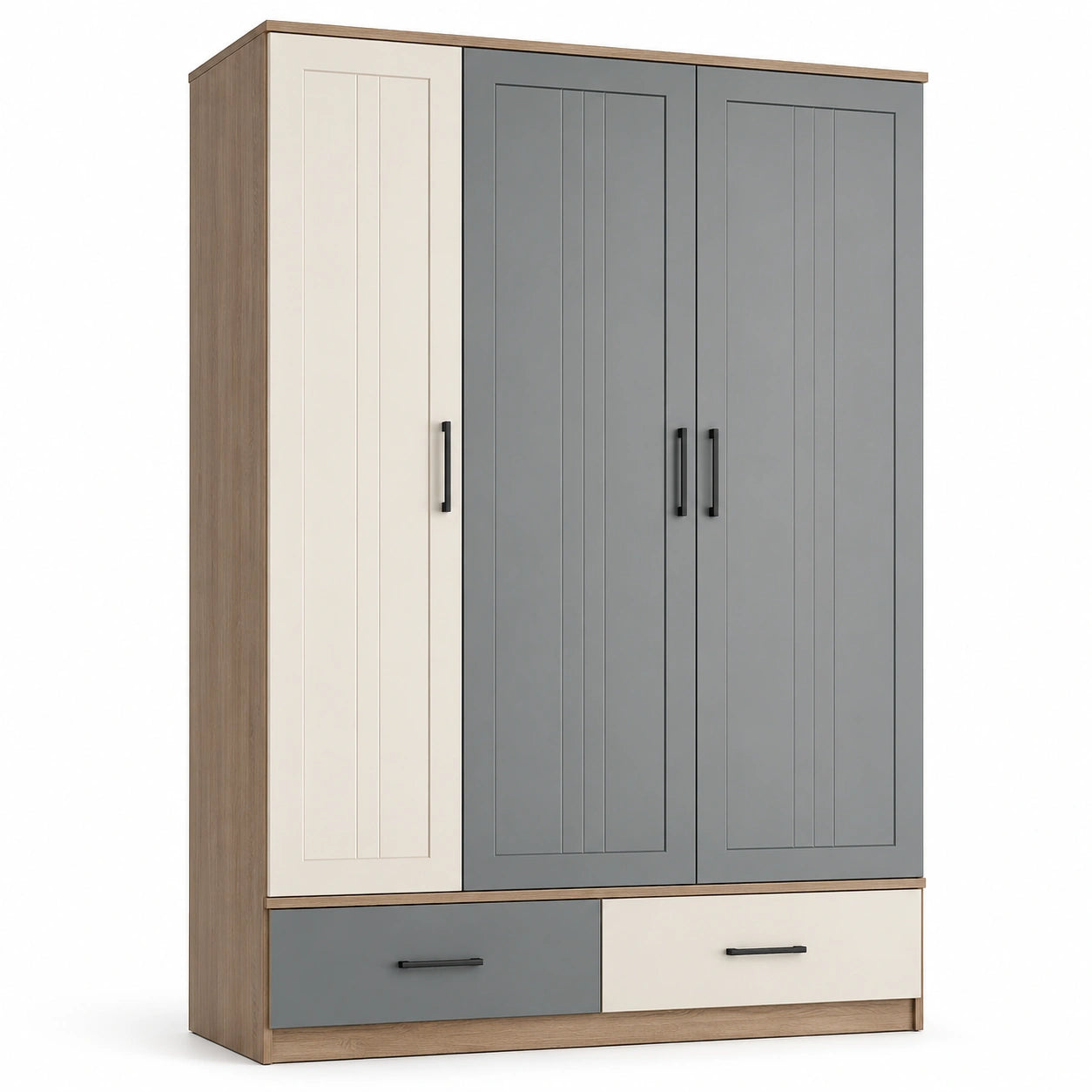 Armario de Madera con 3 Puertas y 2 Cajones Gris y Beige