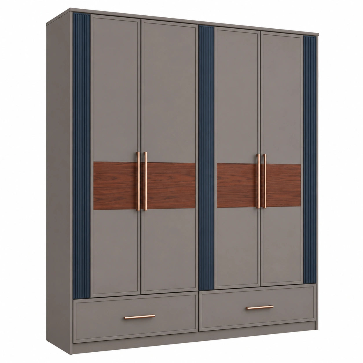 Armario de madera con 4 puertas abatibles y 2 cajones, gris y marrón