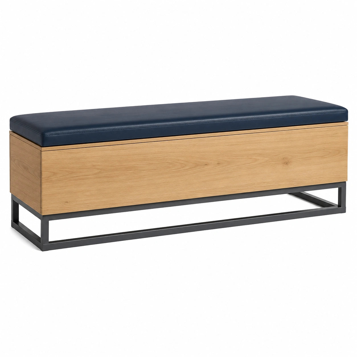 Banco de almacenaje de roble y metal con asiento de PU azul 120cm