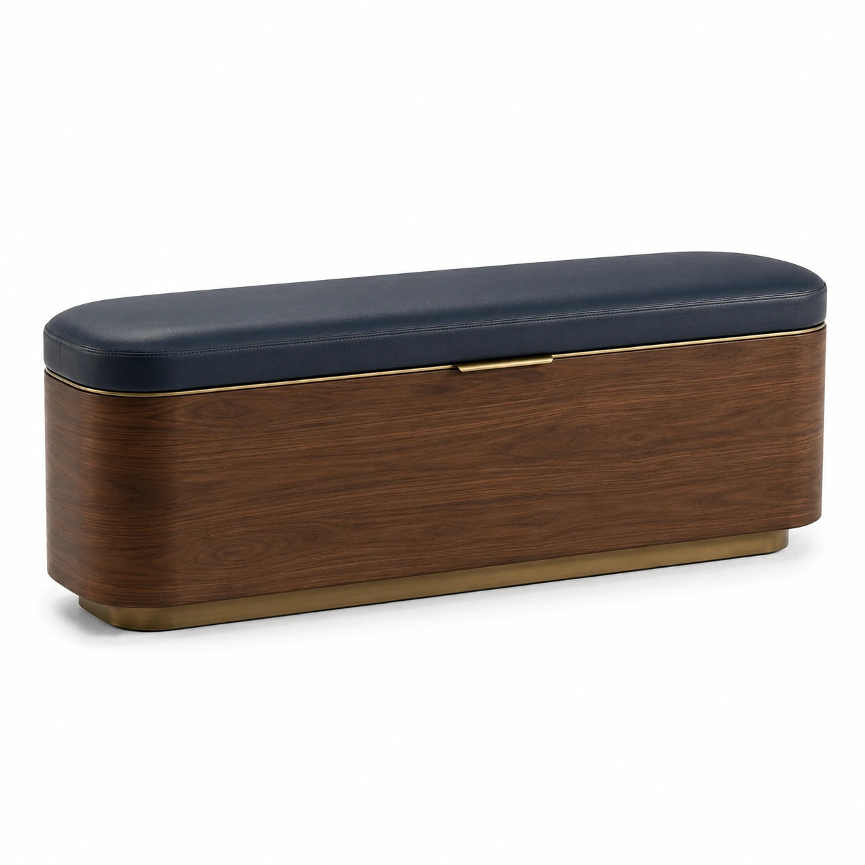 Banco de almacenamiento de chapa de madera con asiento de piel sintética azul