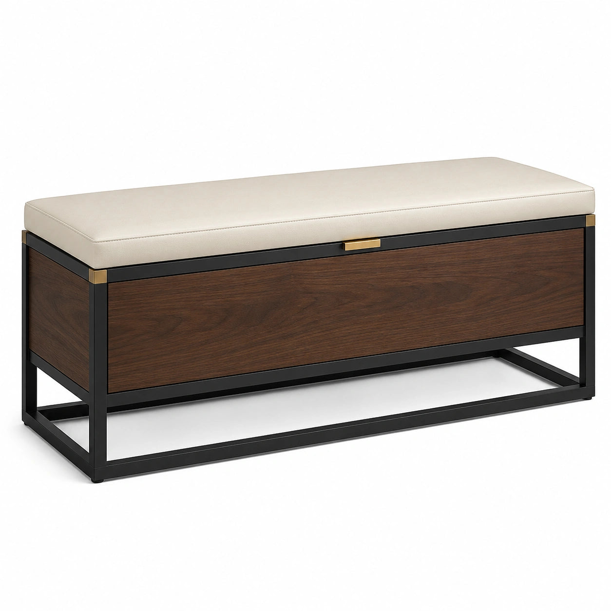 Banco de madera y metal con cojín beige
