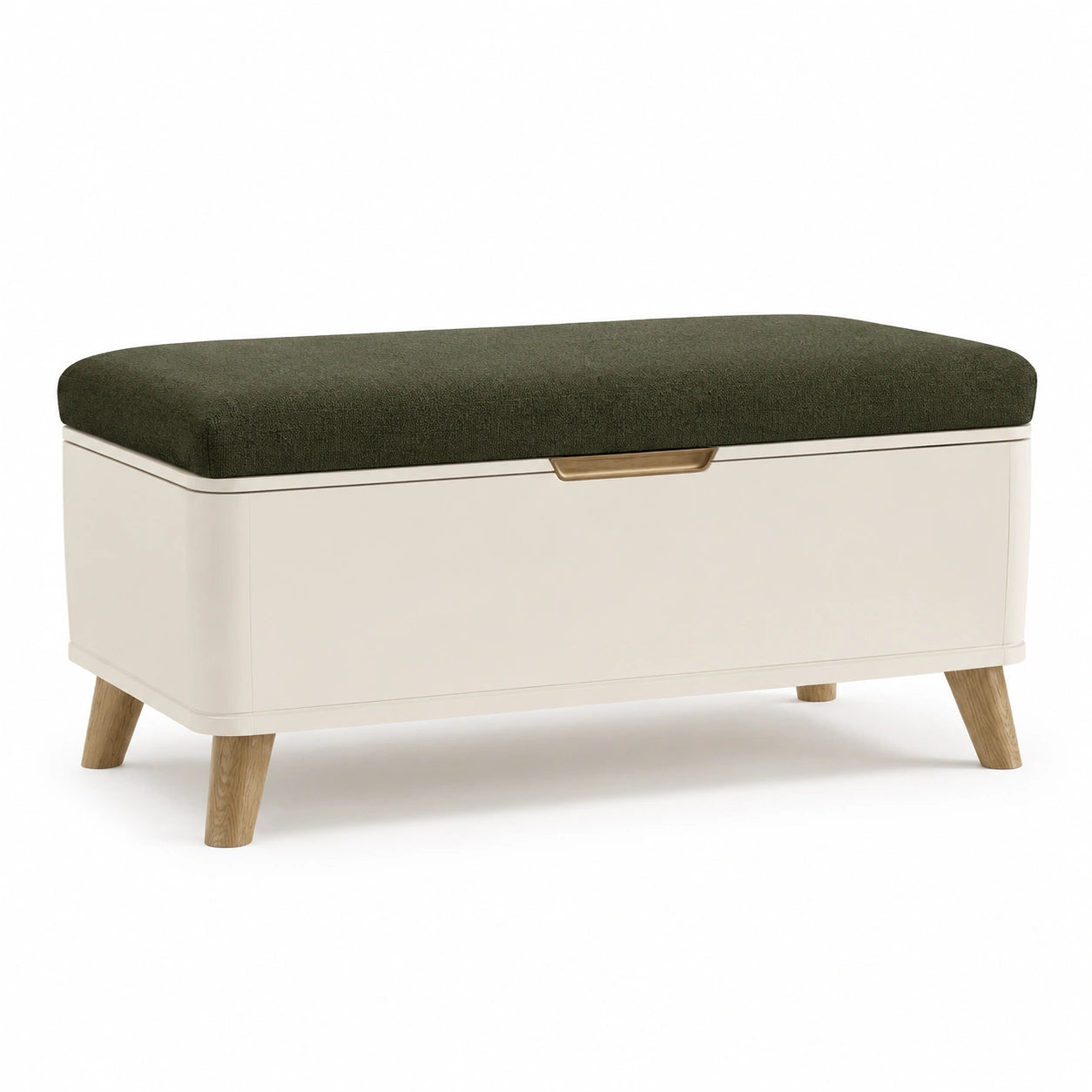 Banco de Almacenamiento de MDF con Asiento de Tela Verde Oscuro y Patas de Madera