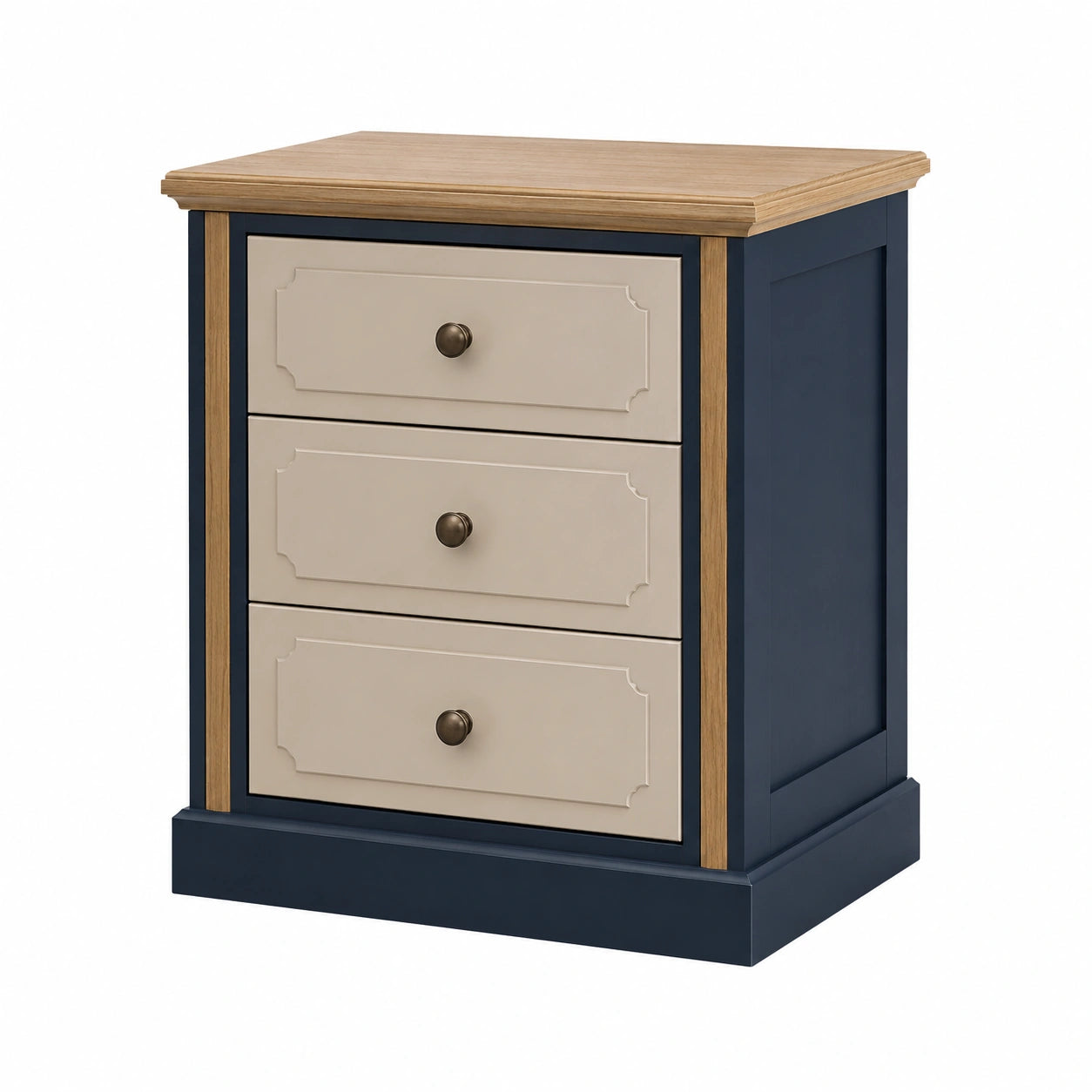 Mesita de Noche de Madera con Tres Cajones Beige y Azul Marino