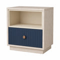 Mesita de Noche de Madera con Cajón Azul y Compartimento Abierto