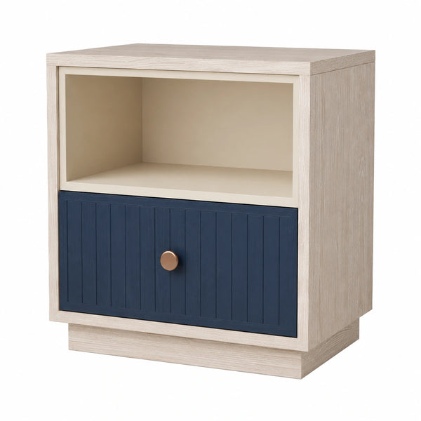 Mesita de Noche de Madera con Cajón Azul y Compartimento Abierto