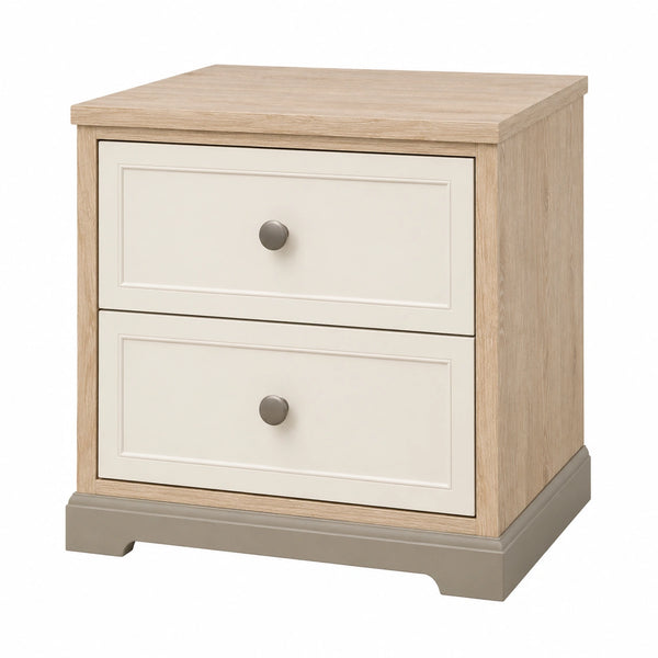Mesita de noche de madera y MDF con dos cajones Roble y Beige