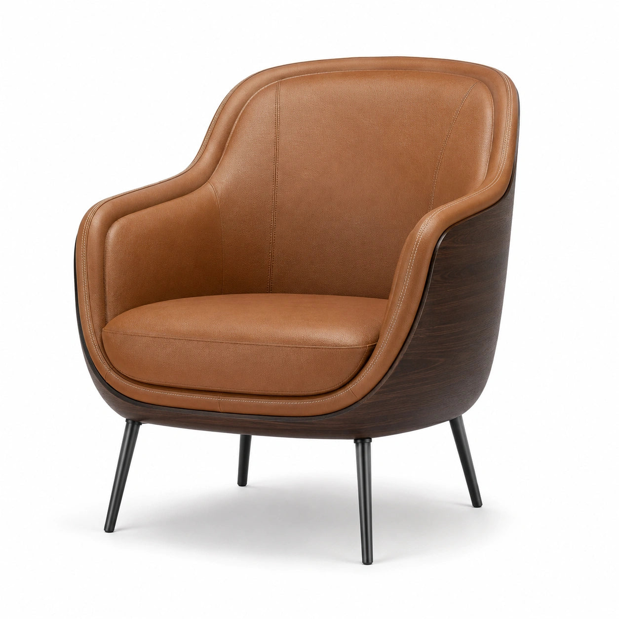 Sillón de cuero sintético marrón con patas metálicas y estructura de madera