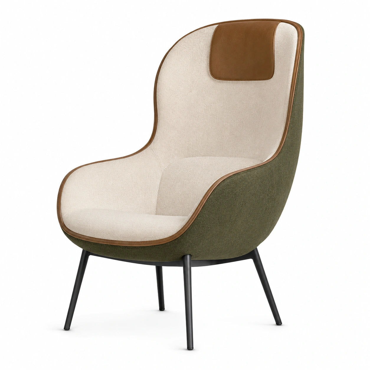 Sillón ergonómico de tela beige y verde con reposacabezas marrón