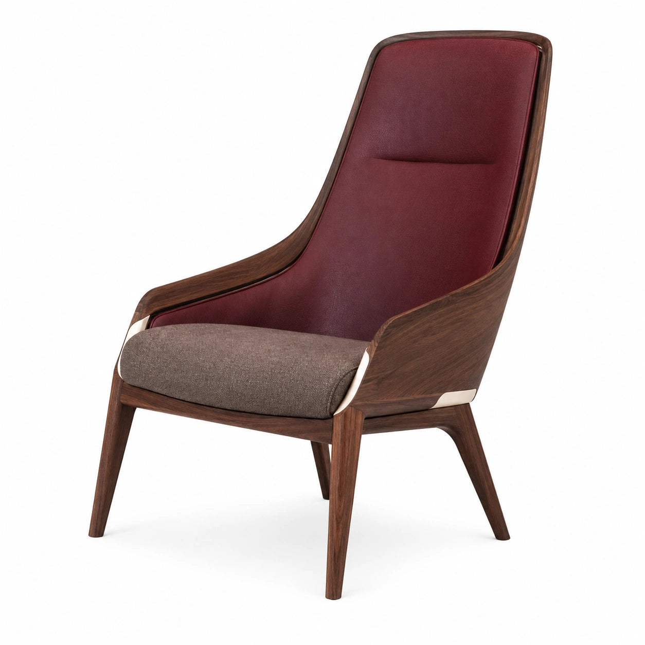 Silla de madera con respaldo alto de cuero sintético burdeos y asiento de tela marrón