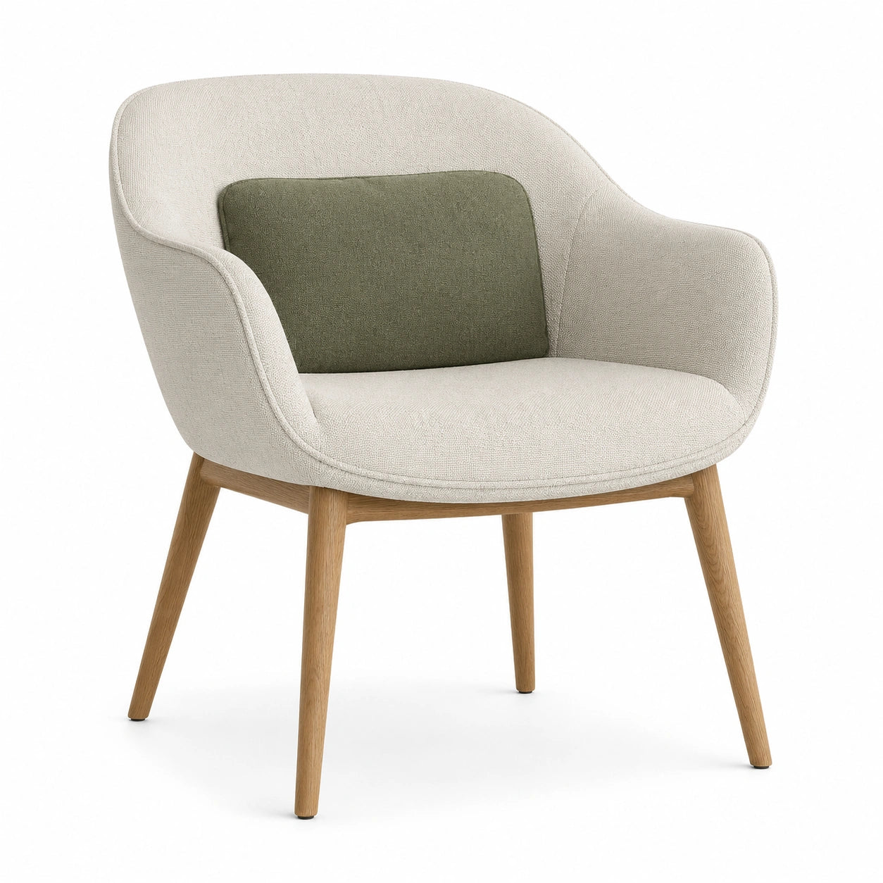 Silla de tela beige con cojín verde y patas de madera