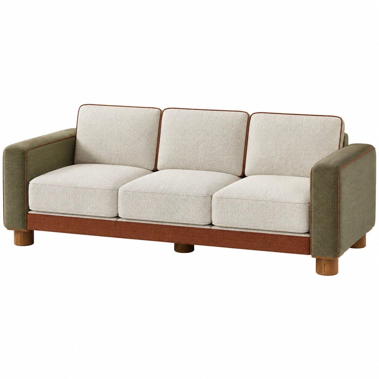 Sofá de tres plazas de tela beige y verde con estructura de madera