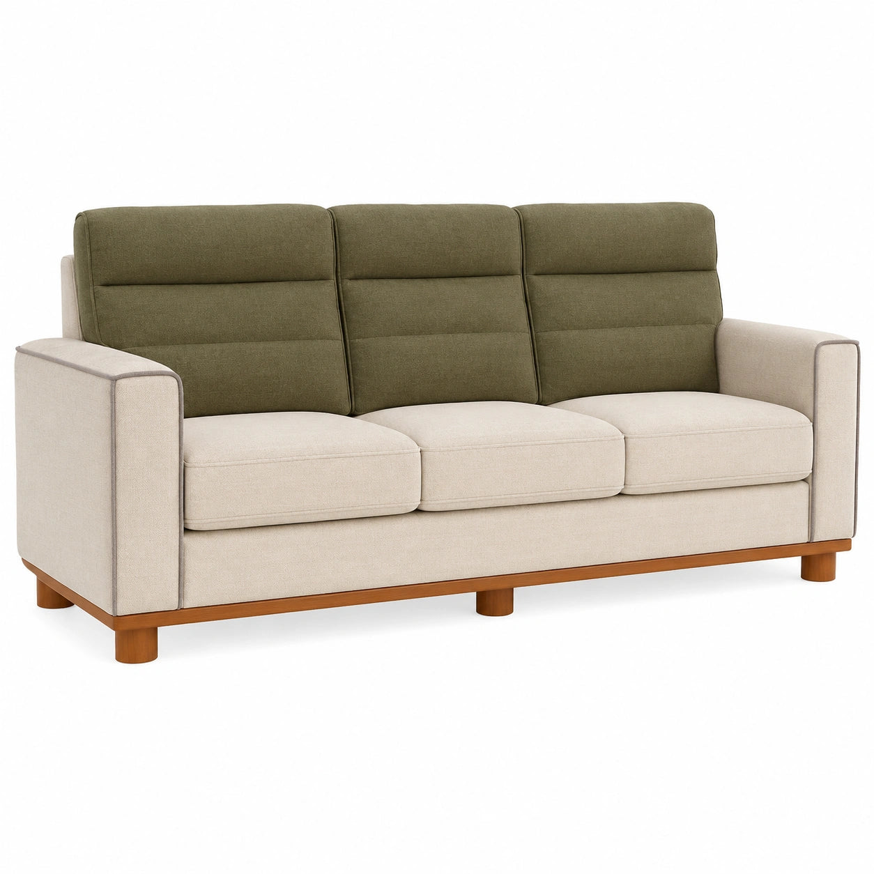 Sofá de Tres Plazas de Madera con Cojines Beige y Verdes