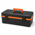 Caja de herramientas de plástico negra y naranja con cierre seguro