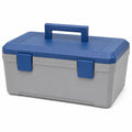 Caja de herramientas de plástico azul y gris con asa plegable