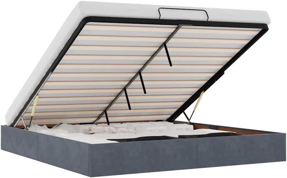 vidaXL Bettrahmen, 160x200 cm, Samt (100 % Polyester), Metall, Sperrholz, Holzwerkstoff, Dunkelgrau/Weiss
