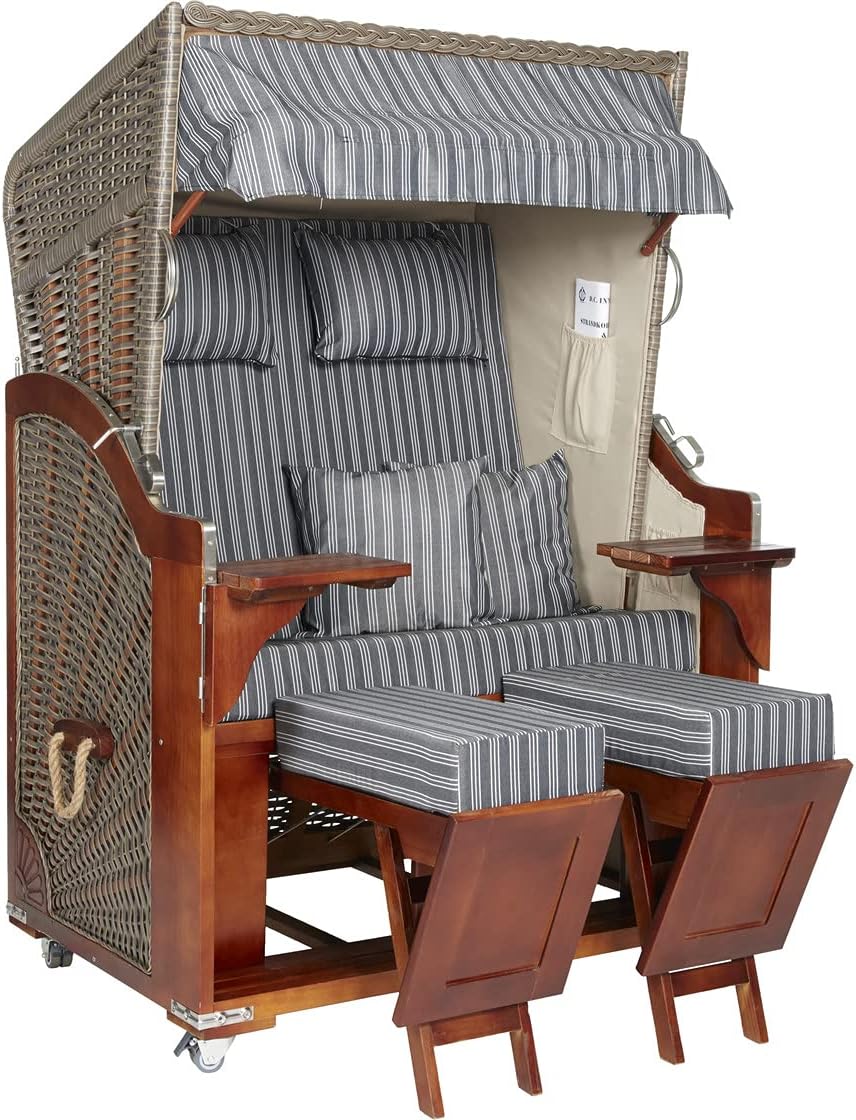 Webavita Gartenmöbel-Set, Grau/Anthrazit, Strandkorb Mallorca Pinienholz, 2-Sitzer, Montiert mit Schutzhülle, Geflecht Grau