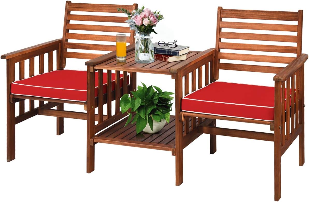 GOPLUS Sitzbank, Akazienholz, Schwamm, Braun/Rot, Gartenbank mit Tisch, 2 Sitzer Holzbank mit Schirmloch & Sitzkissen