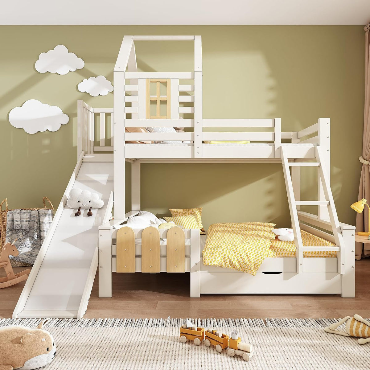 Merax Bett, 246x186x230 cm, Weiss/Natur, Kinderbett Etagenbett(90x200&140x200) Hochbett Hausbett für, mit Rutsche
