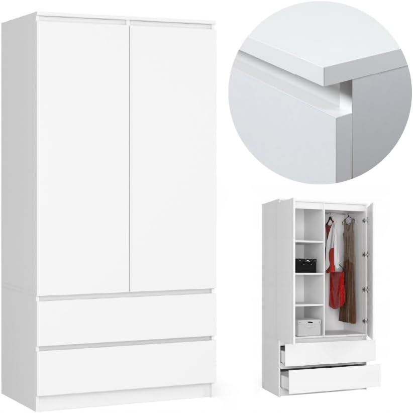 Kleiderschrank BDW, 180x90x51 cm, Weiss, Kleiderschränk 2 Türen, 4 Einlegeböden, Kleiderständer, 2 Schubladen, Garderobenständer