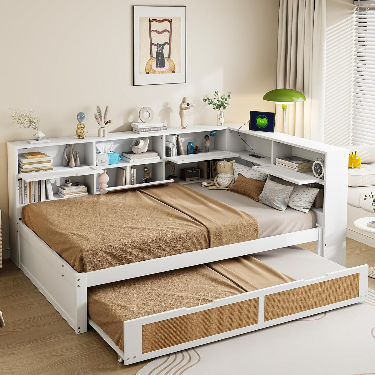 MYBOO Matratze, 140 x 200 cm, Weiss/Braun, Tagesbett Schlafsofa 140x200, Holz Multifunktionsbett mit Ausziehbett 90x190 cm