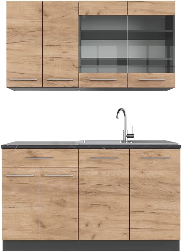 Vicco Küchenzeile, 140 cm, Der Küchenblock besteht aus pflegeleichter Spanplatte 16 mm, mit einer Melaminharzbeschichtung, Holz/Anthrazit