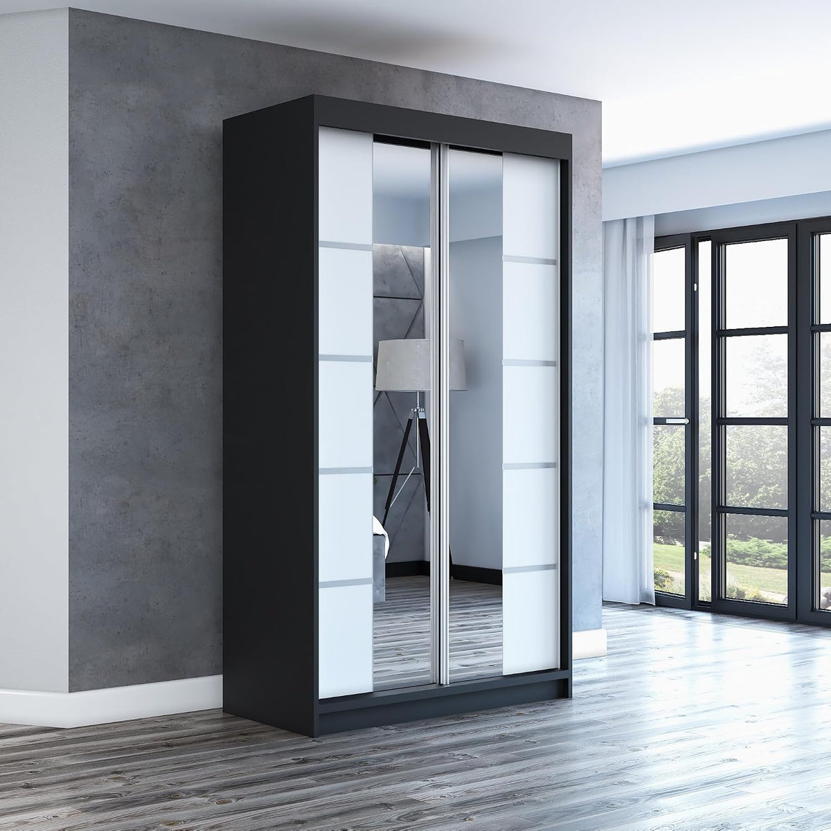 Kleiderschrank A&J MöbelLand, 120 cm, Schwarz/Weiss, Schwebetürenschrank ERA 2-türig mit Spiegel, Garderobe ( /Weiss)