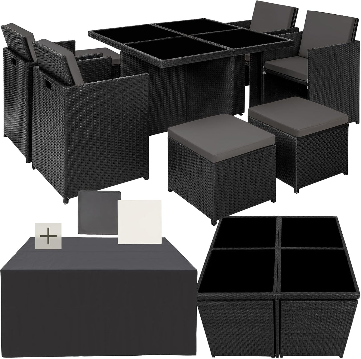 tectake Gartenmöbel-Set, Aluminium,Polyethylen, Polyester, Polyurethan, Glas, Schwarz/Grau