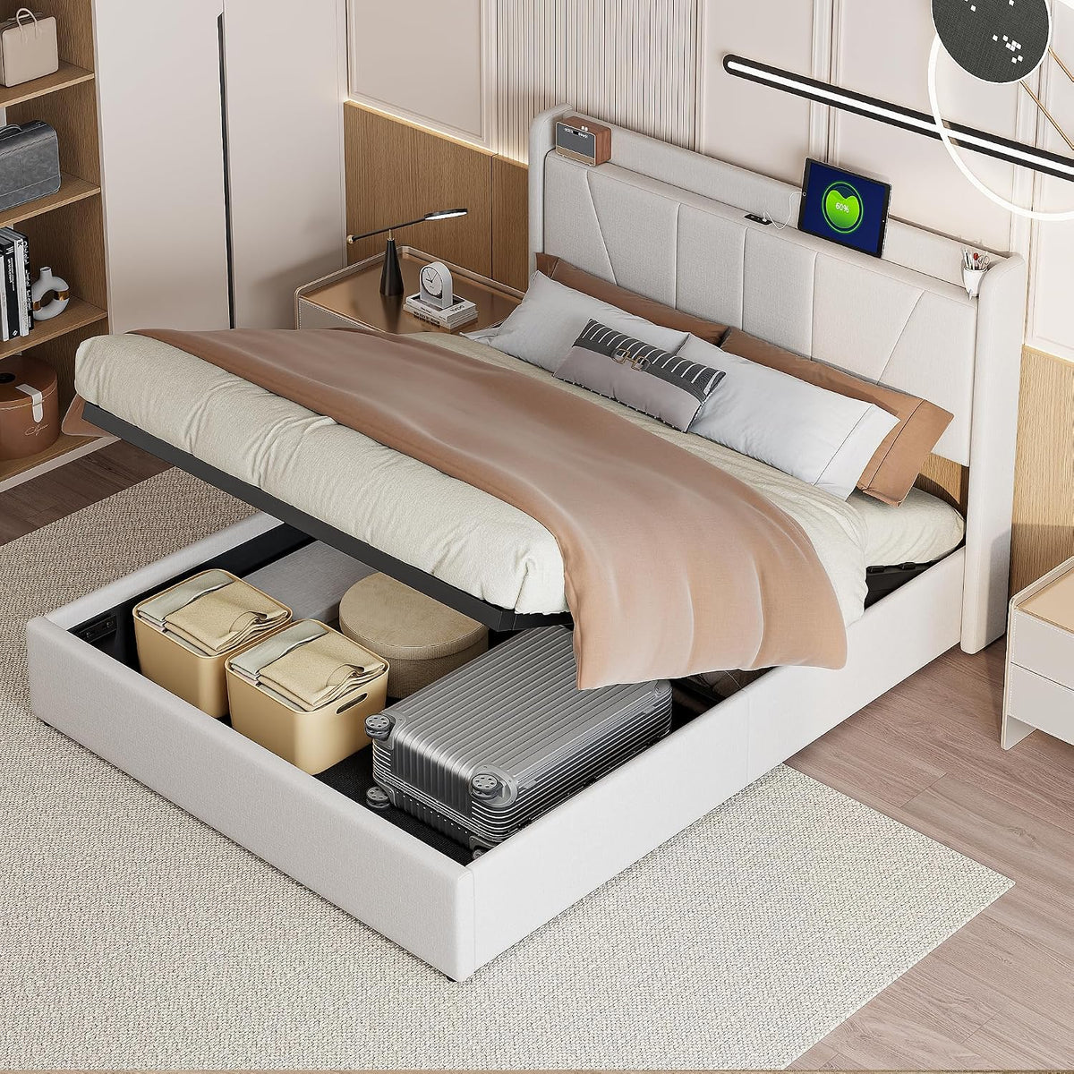 BRILVERDE Bettrahmen, 160 x 200 cm, Beige, Polsterbett 160x200 mit Stauraum, Hydraulisch Stauraumbett, Doppelbett mit USB und kopfteil