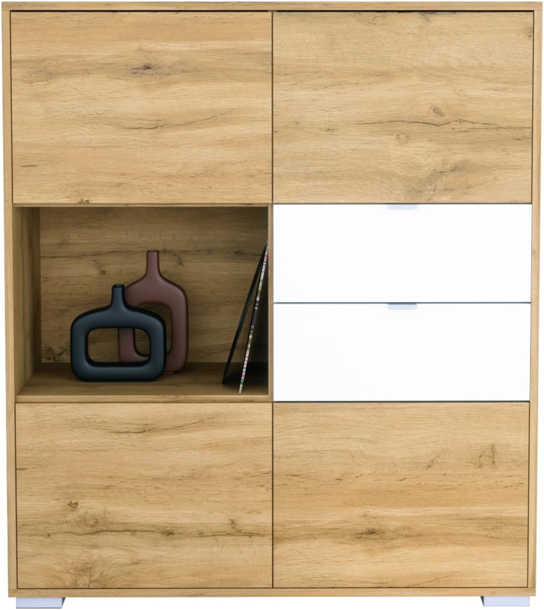 Wohnzimmerschrank Vladon, 103 x 118x 37 cm, Eiche/Weiss, Highboard Milano, Sideboard mit 4 Türen Eiche Evoke und 2 Schubladen Weiss matt
